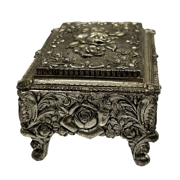 Vintage Silver Plated Blue Velvet Trinket Footed Music Box Roses Made In Japan - Picture 9 of 16